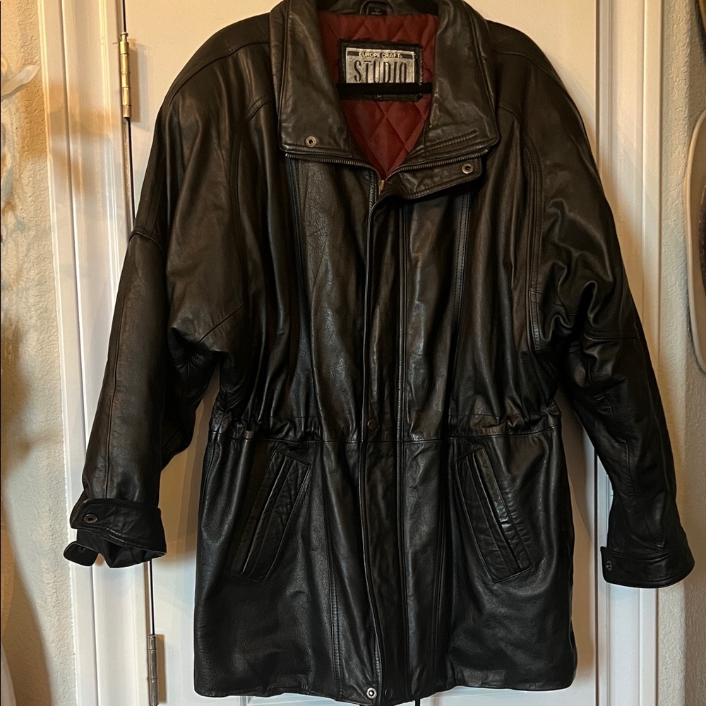 Studio Black Leather Trench Coat with Quilted Burgundy Lining